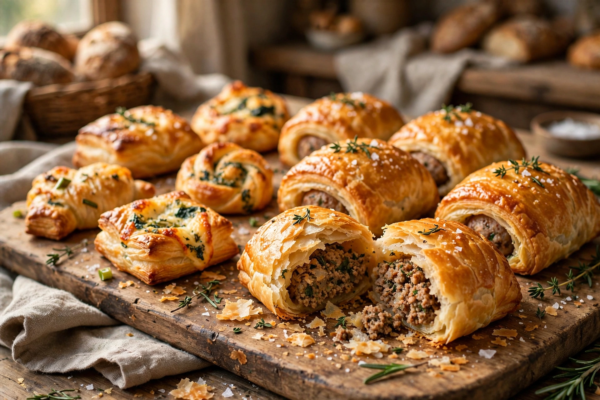 Flaky sausage rolls on a wooden board