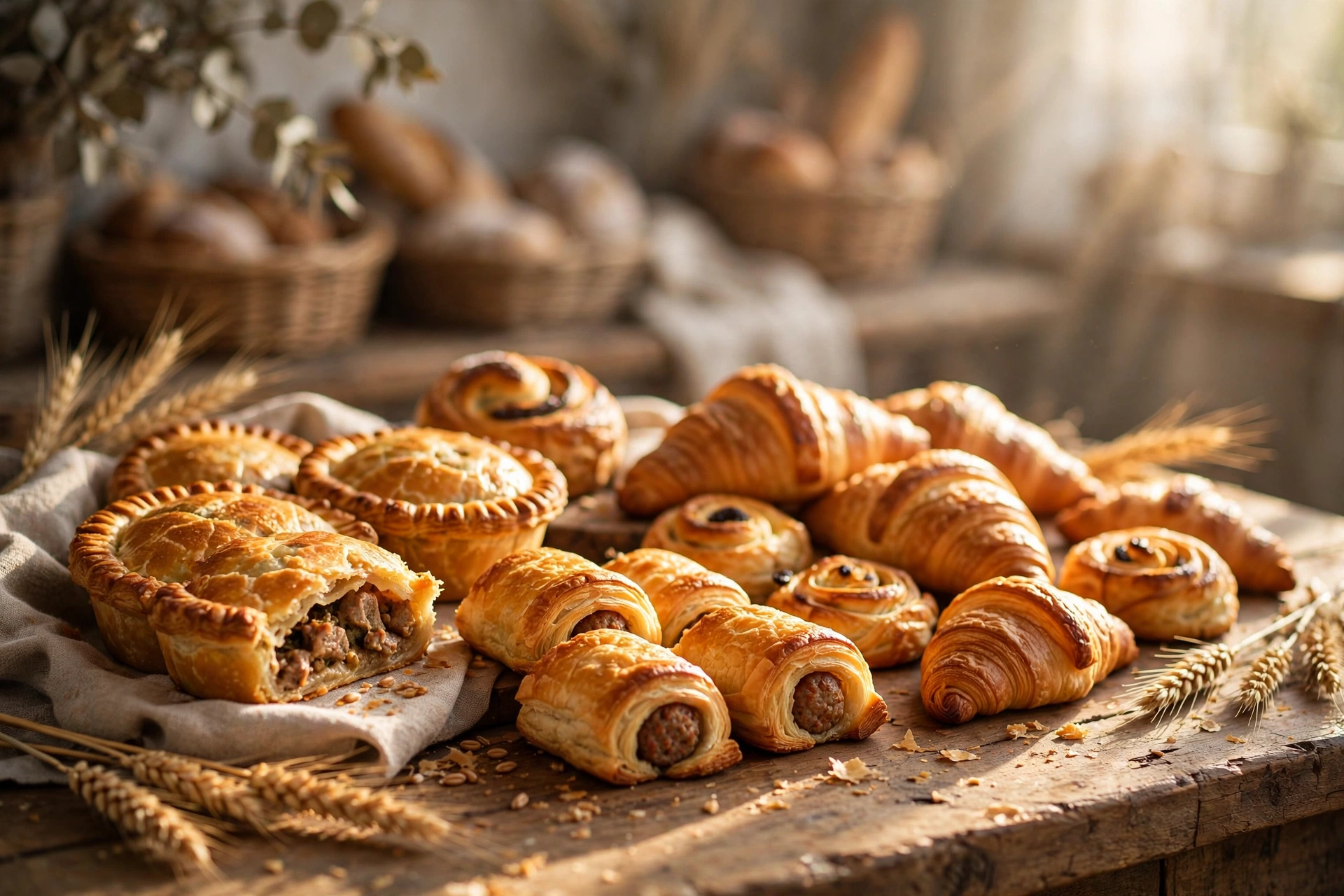 Fresh-baked pies, sausage rolls and croissants on a wooden bakery counter in morning light